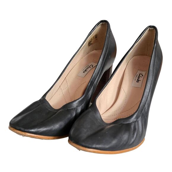 Clarks Narrative Black Round Toe Pumps  Women's Size 9.5M Stacked Heel Leather - Picture 3 of 7